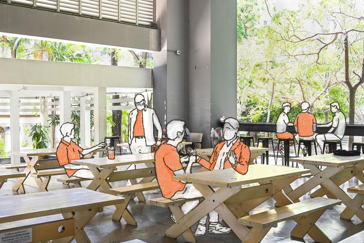 The open-air cafeteria with seating areas under the shade along the central courtyard, Besides being a social gathering space for getting drinks or taking snacks, also provides space for project work or informal study.