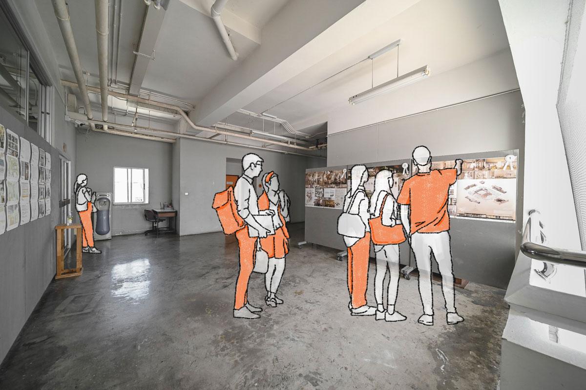 Another example of using extended corridor space next to the elevator core on the 6th-floor level, where a small area on the escape stair wall can be used for exhibiting student work and gathering in front of it.