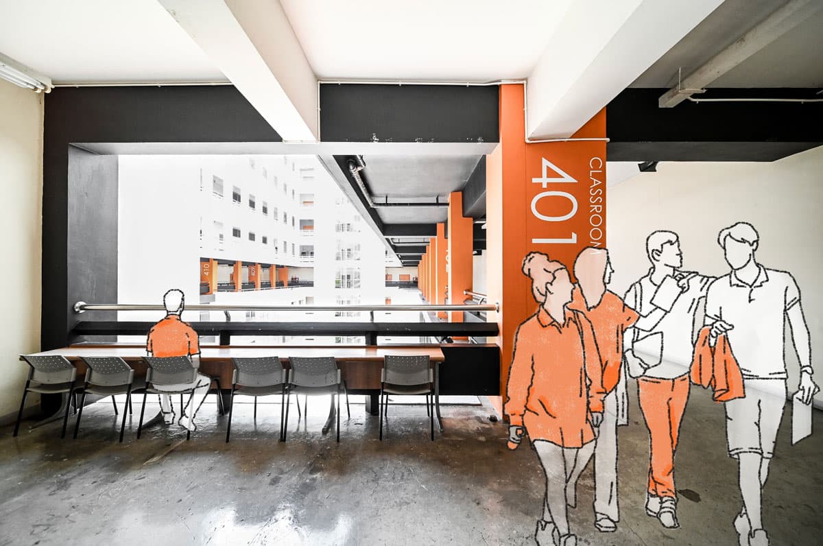 Grey spaces on the upper floor areas are scarce to nonexistent. An exception is an extended corridor space next to the elevator core on the 4th-floor level, with tables and chairs for students to prepare for lecture classes on this specific floor level.