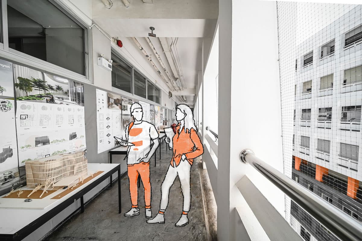 On other floor levels, grey area extensions are more difficult to find. Especially on the studio floor levels, only small corridors exist. The passages do not necessarily invite more extended stays, primarily due to limited cross ventilation and extensive exposure to sunlight, especially on the upper floor areas. Nonetheless, these areas occasionally find use by students and lecturers to showcase design works.